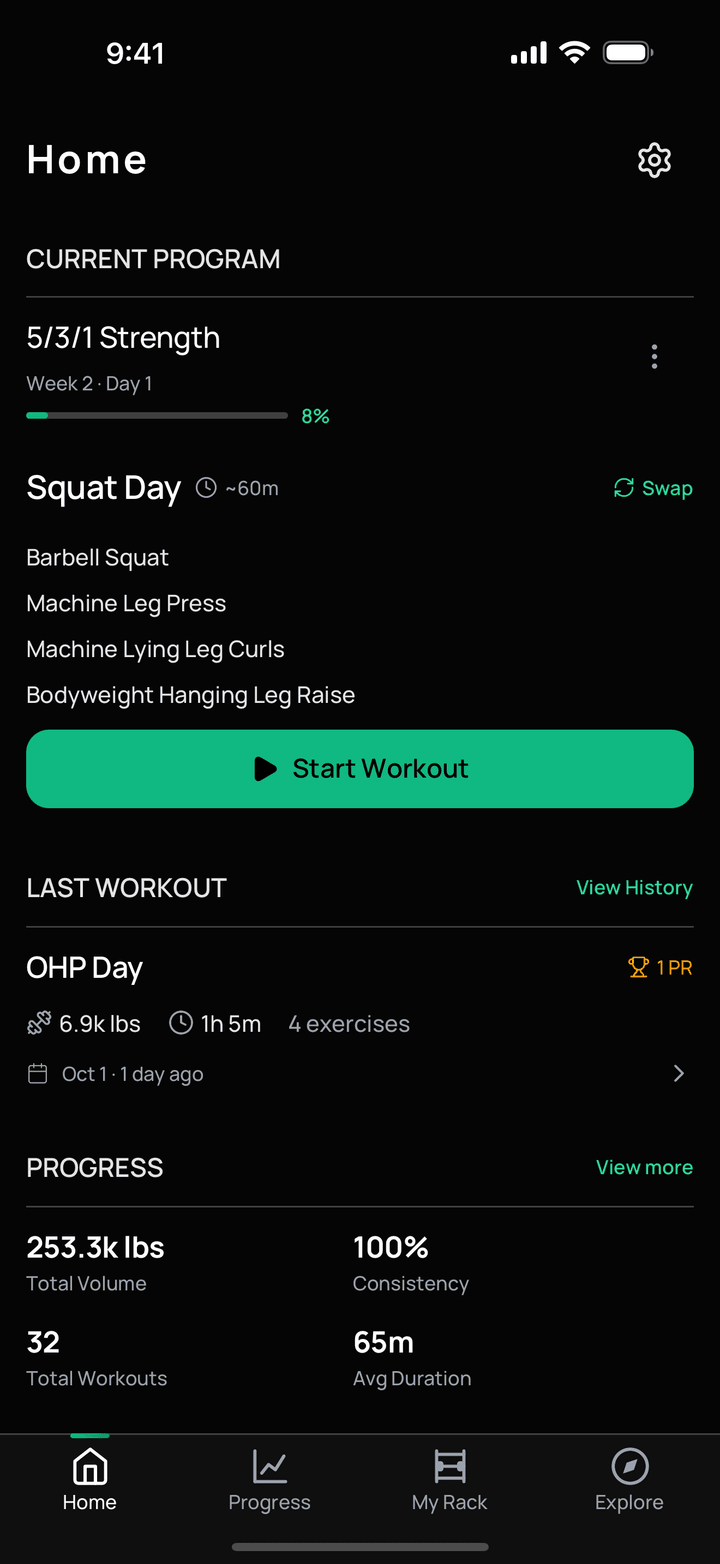 Rackd home screen with today's 5/3/1 Squat Day session, its four exercises, a Start Workout button and recent training stats