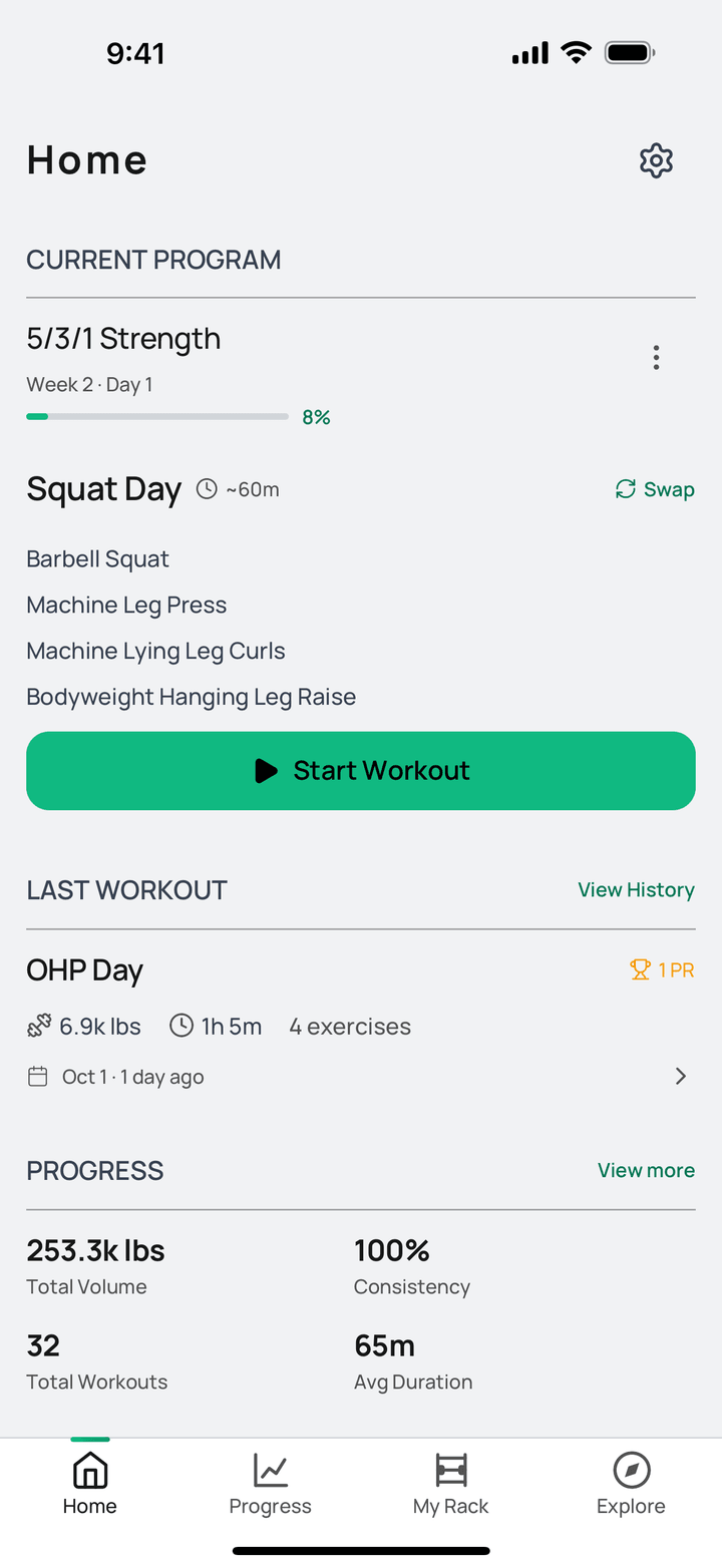 Rackd home screen with today's 5/3/1 Squat Day session, its four exercises, a Start Workout button and recent training stats