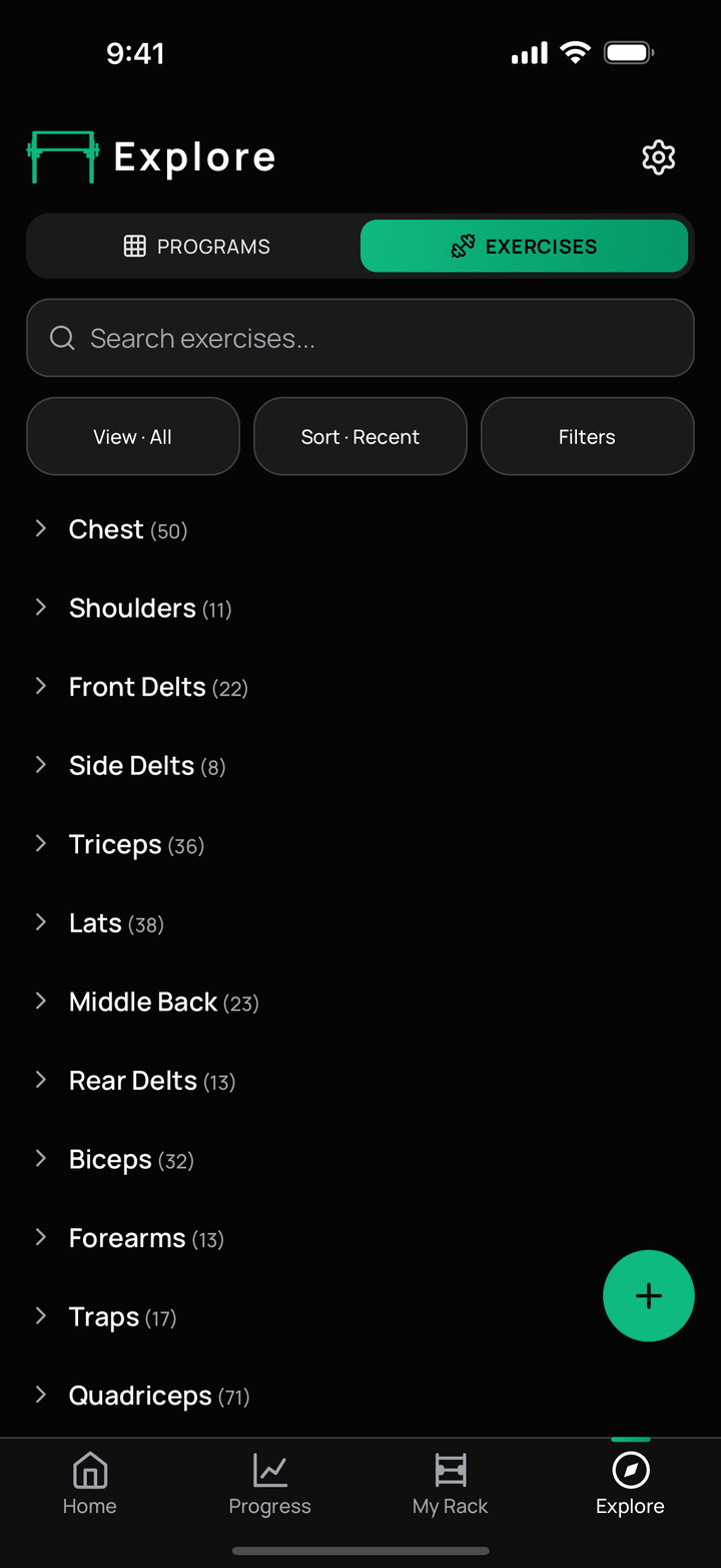 Exercise library with a search field and muscle groups with their exercise counts