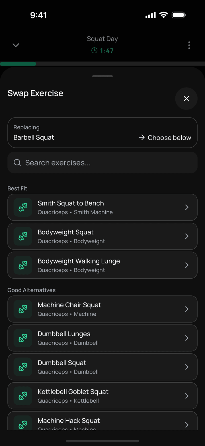 Swap Exercise sheet replacing the barbell squat, with best-fit and good alternatives listed
