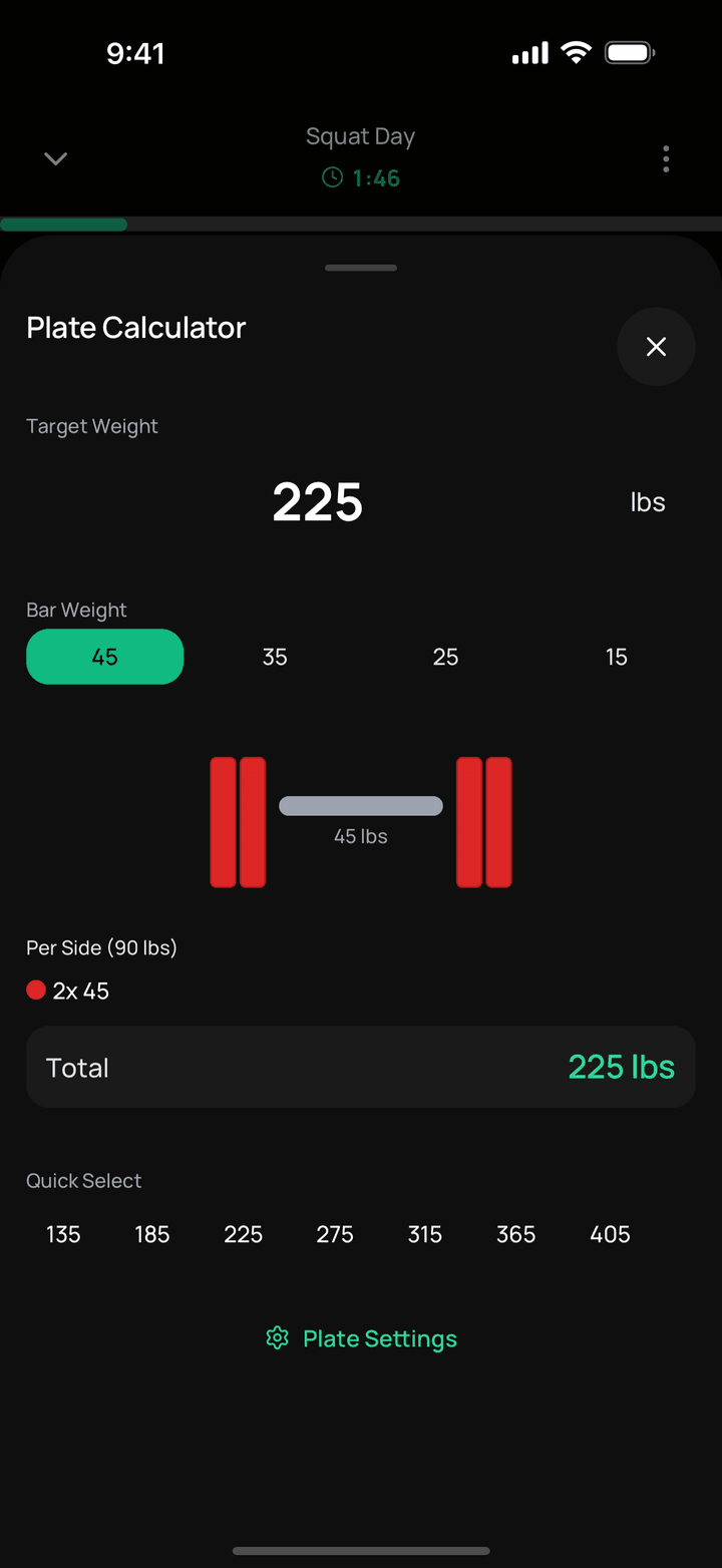Plate calculator for a 225 lb target on a 45 lb bar showing two 45 lb plates per side