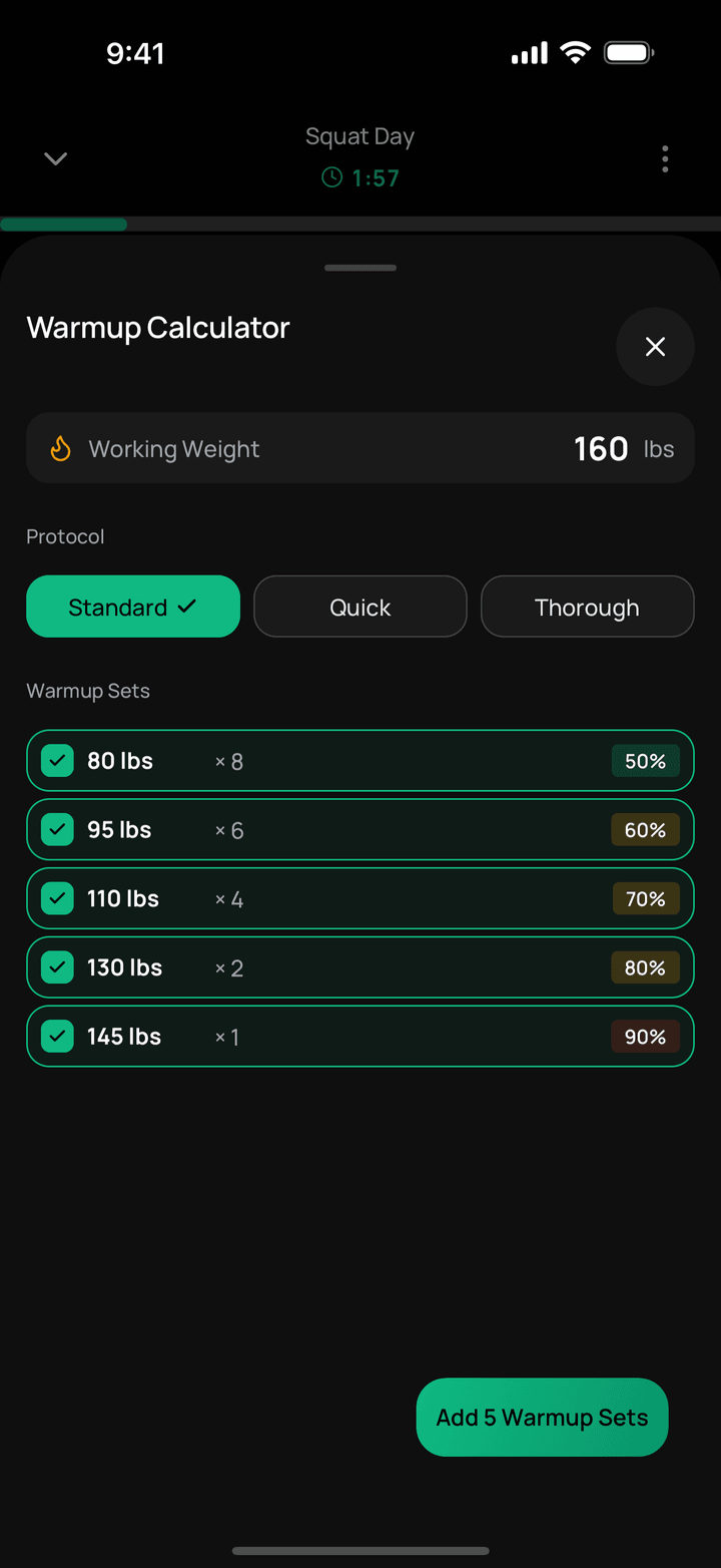 Warmup Calculator open during a squat workout with five warm-up sets built from a 160 lb working weight