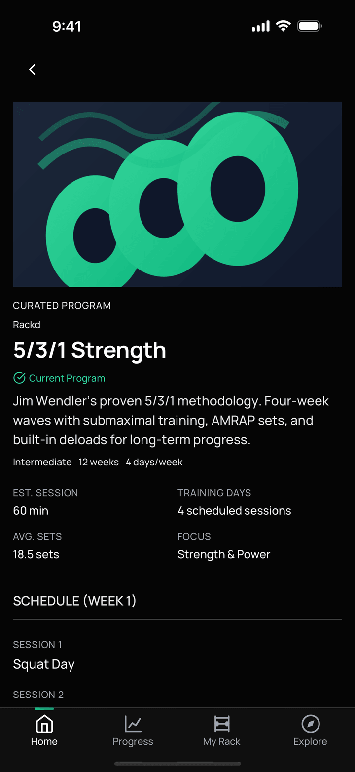 Program detail for 5/3/1 Strength with its description, length, training days and the start of the weekly schedule